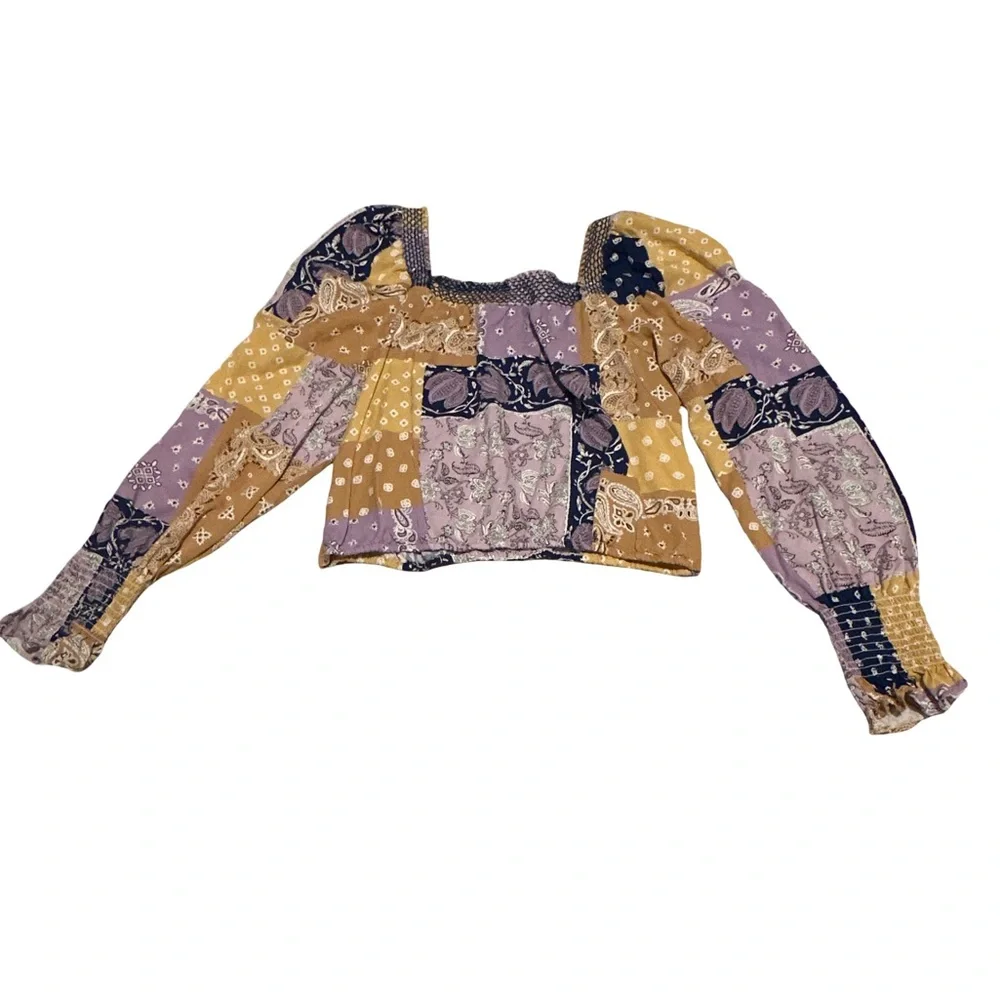 Wrangler Retro Patchwork Crop Top Medium Smocked Boho Long Sleeve - Picture 2 of 3